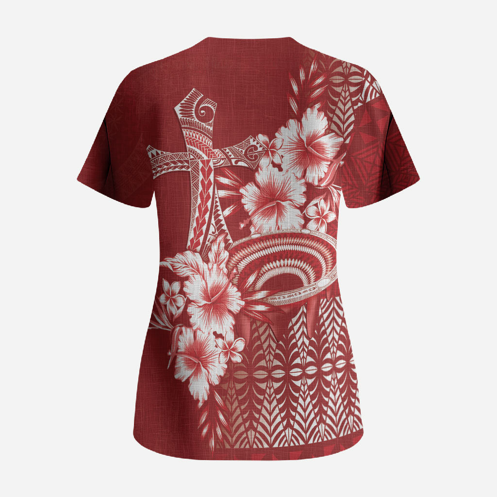 Tonga Ngatu Kupesi Royal Red Scrub Top Koe Otua Mo Tonga Ko Hoku Tofia LT7 - Polynesian Pride