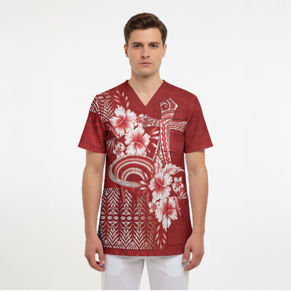 Tonga Ngatu Kupesi Royal Red Scrub Top Koe Otua Mo Tonga Ko Hoku Tofia LT7 - Polynesian Pride