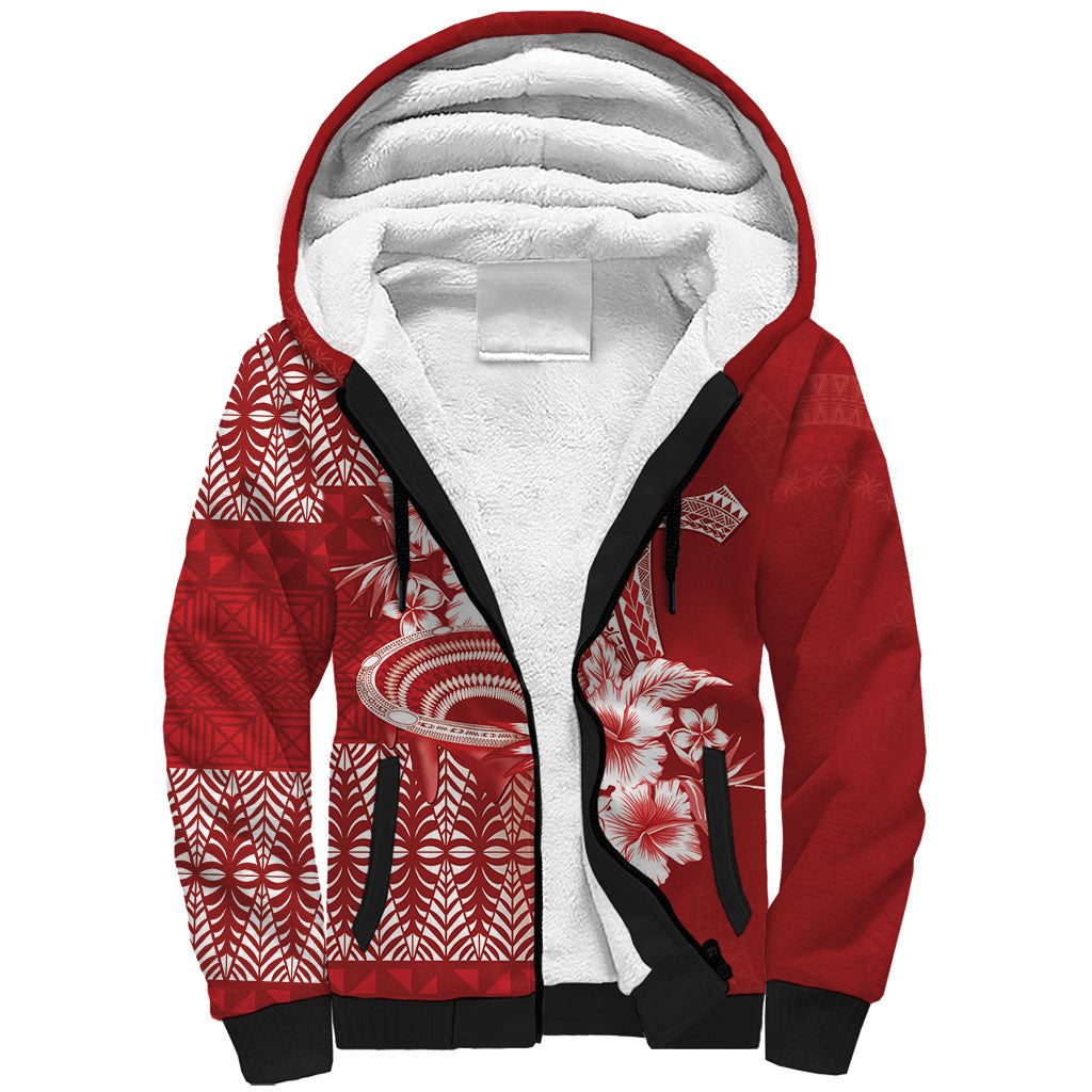 Tonga Ngatu Kupesi Royal Red Sherpa Hoodie Koe Otua Mo Tonga Ko Hoku Tofia LT7 Unisex Red - Polynesian Pride