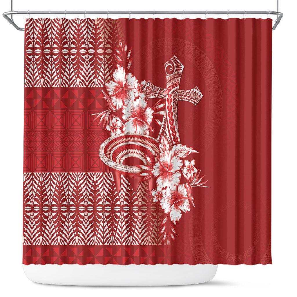 Tonga Ngatu Kupesi Royal Red Shower Curtain Koe Otua Mo Tonga Ko Hoku Tofia LT7 Red - Polynesian Pride