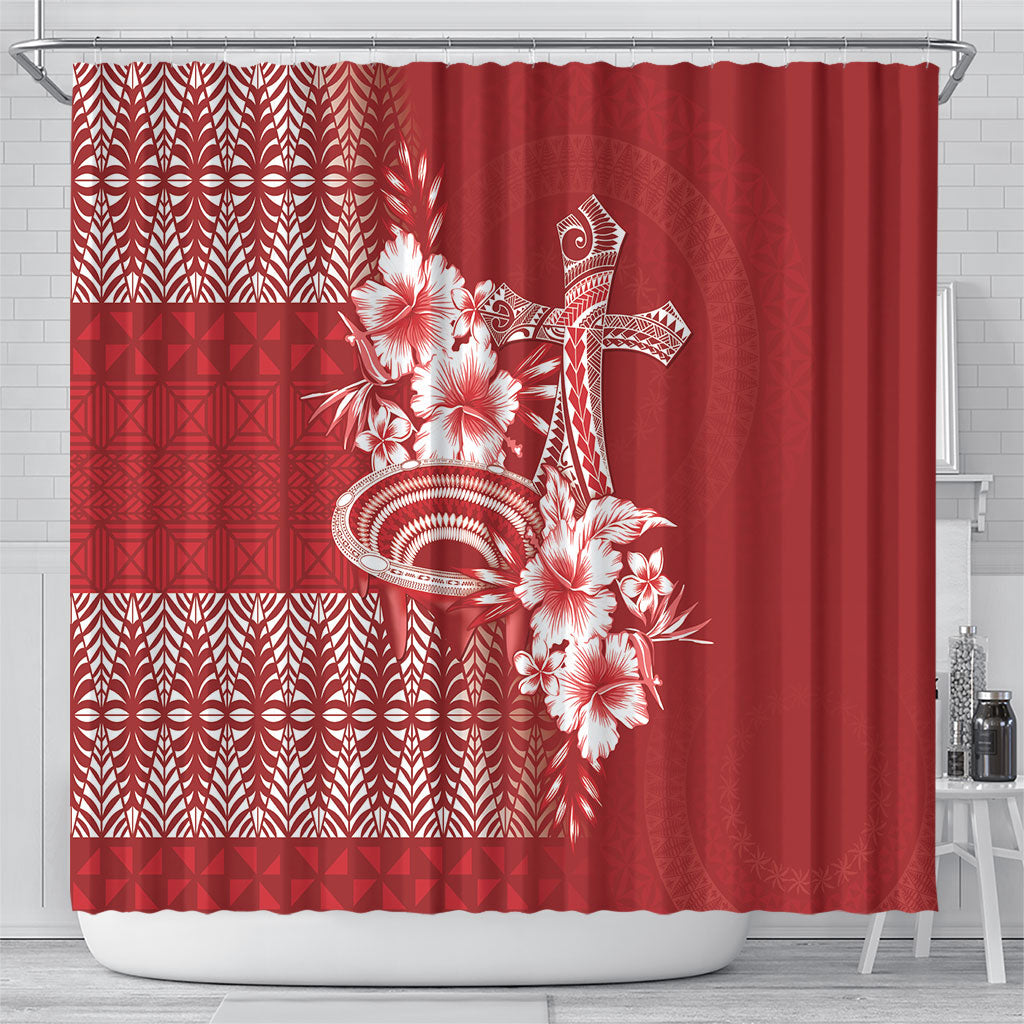 Tonga Ngatu Kupesi Royal Red Shower Curtain Koe Otua Mo Tonga Ko Hoku Tofia LT7 - Polynesian Pride