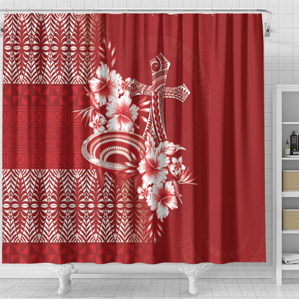 Tonga Ngatu Kupesi Royal Red Shower Curtain Koe Otua Mo Tonga Ko Hoku Tofia LT7 - Polynesian Pride