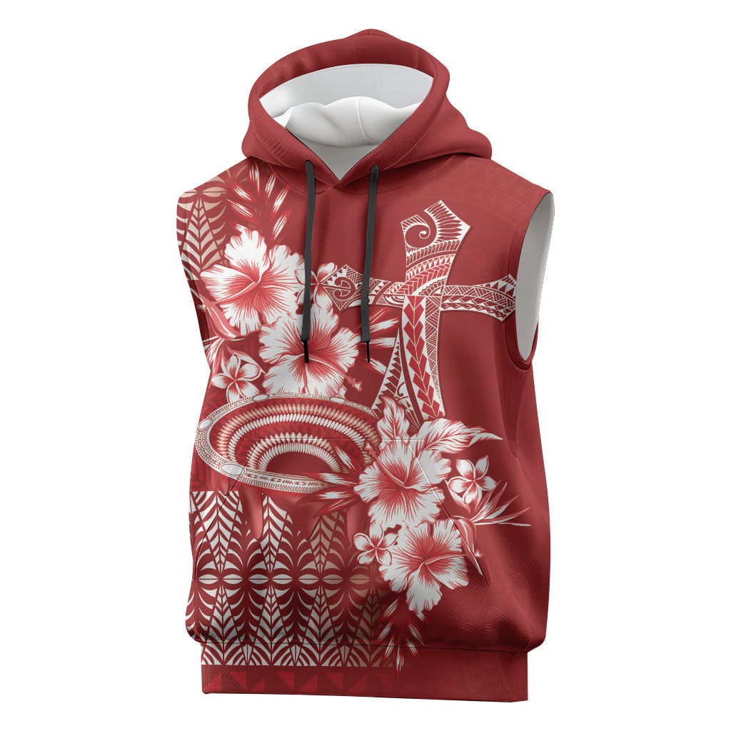 Tonga Ngatu Kupesi Royal Red Sleeveless Hoodie Koe Otua Mo Tonga Ko Hoku Tofia