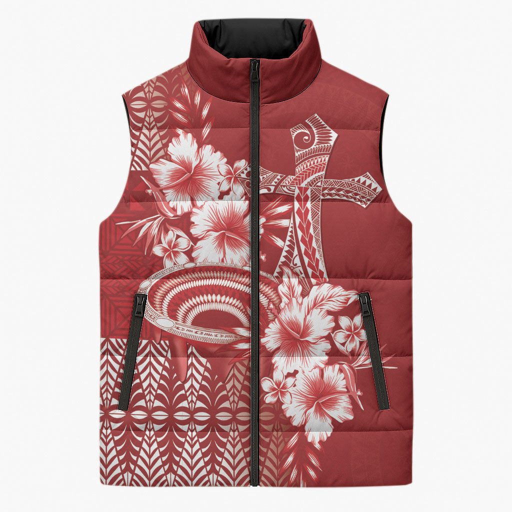 Tonga Ngatu Kupesi Royal Red Sleeveless Puffer Jacket Koe Otua Mo Tonga Ko Hoku Tofia