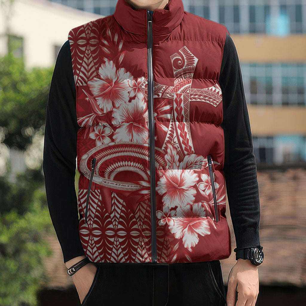 Tonga Ngatu Kupesi Royal Red Sleeveless Puffer Jacket Koe Otua Mo Tonga Ko Hoku Tofia LT7 - Polynesian Pride