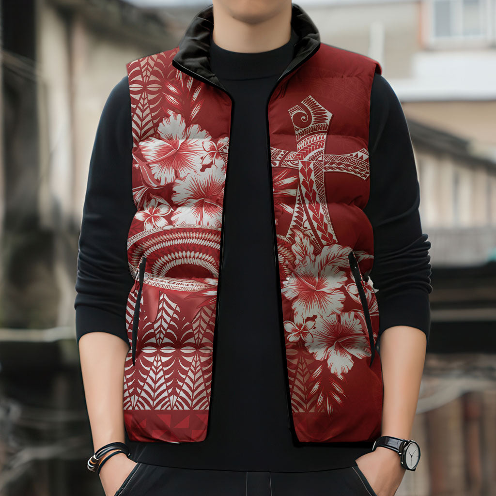 Tonga Ngatu Kupesi Royal Red Sleeveless Puffer Jacket Koe Otua Mo Tonga Ko Hoku Tofia LT7 - Polynesian Pride