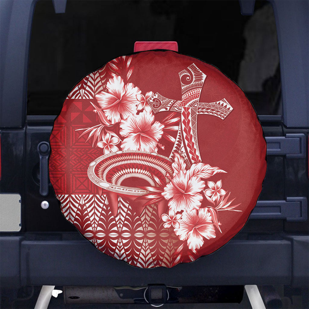 Tonga Ngatu Kupesi Royal Red Spare Tire Cover Koe Otua Mo Tonga Ko Hoku Tofia LT7 No hole Red - Polynesian Pride