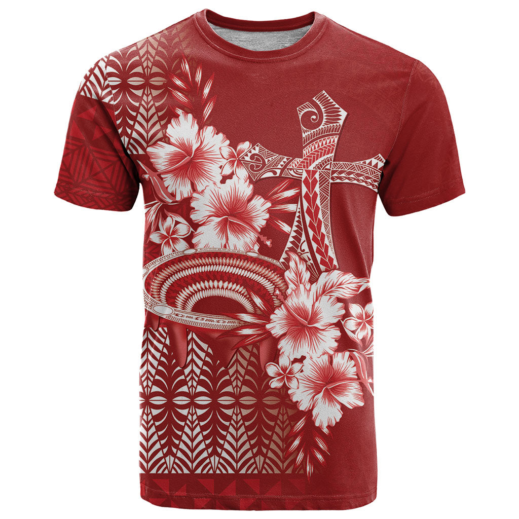 Tonga Ngatu Kupesi Royal Red T Shirt Koe Otua Mo Tonga Ko Hoku Tofia LT7 Red - Polynesian Pride
