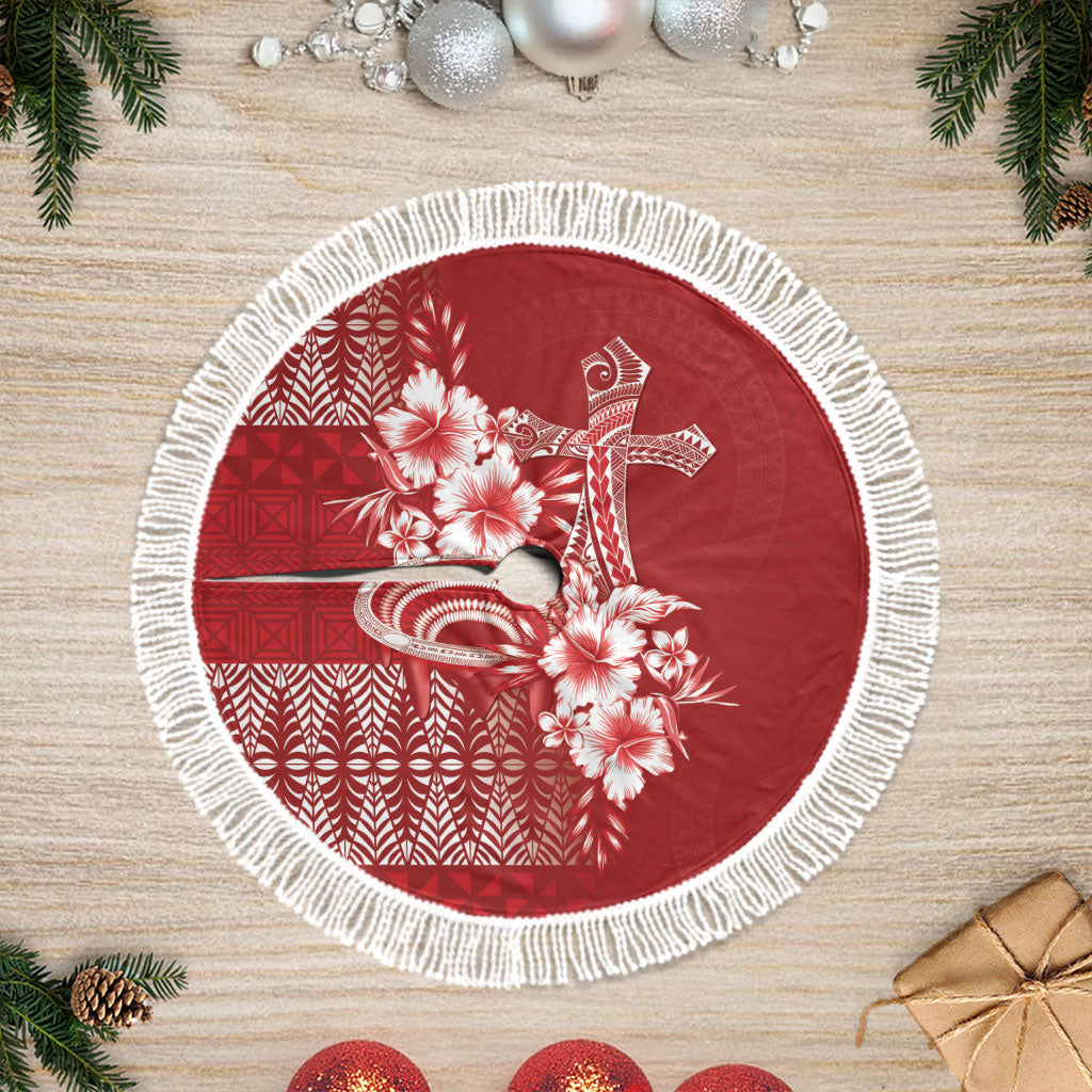 Tonga Ngatu Kupesi Royal Red Tree Skirt Koe Otua Mo Tonga Ko Hoku Tofia LT7 Fringed Red - Polynesian Pride