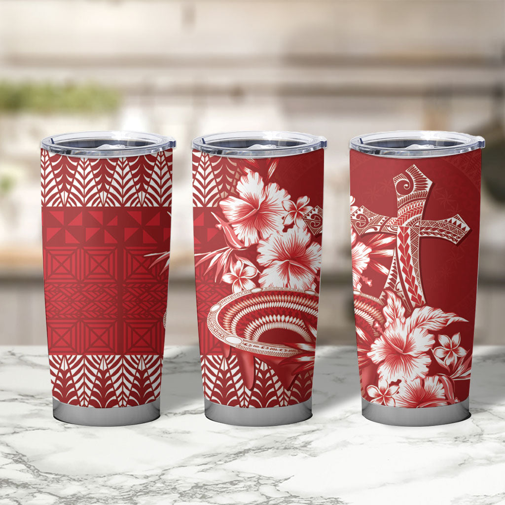 Tonga Ngatu Kupesi Royal Red Tumbler Cup Koe Otua Mo Tonga Ko Hoku Tofia LT7 - Polynesian Pride