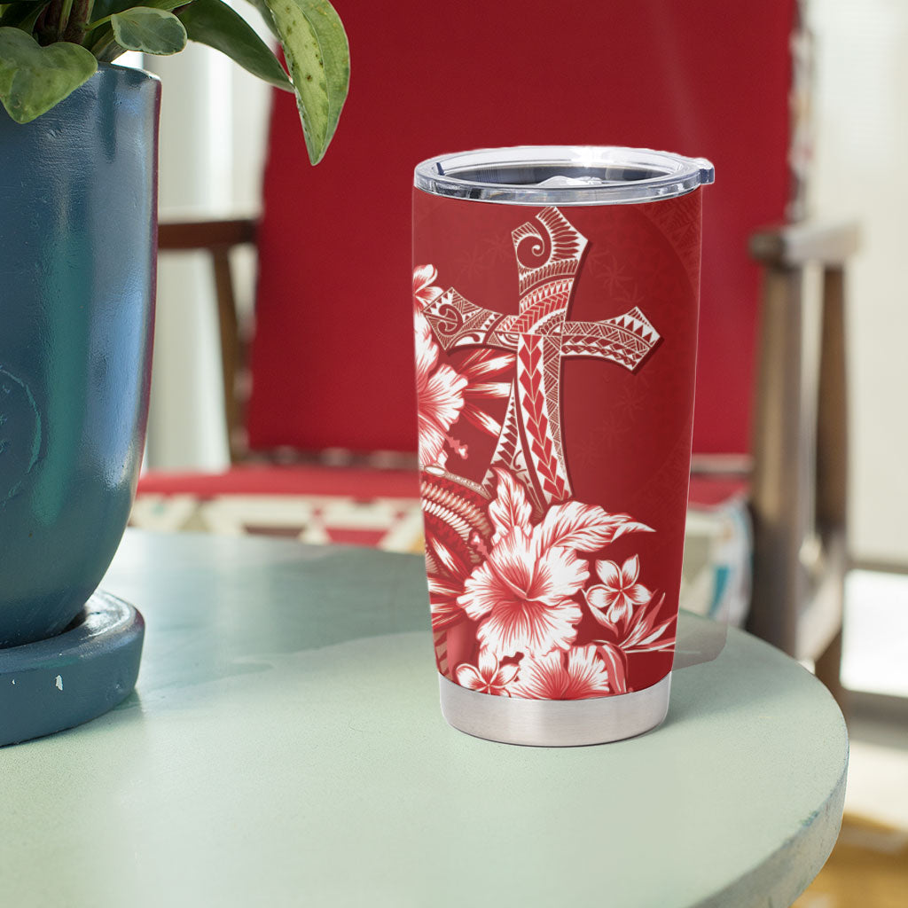 Tonga Ngatu Kupesi Royal Red Tumbler Cup Koe Otua Mo Tonga Ko Hoku Tofia LT7 - Polynesian Pride