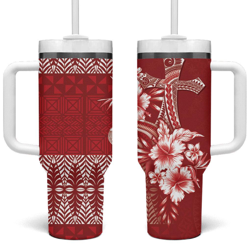 Tonga Ngatu Kupesi Royal Red Tumbler With Handle Koe Otua Mo Tonga Ko Hoku Tofia LT7 One Size: 40 oz Red - Polynesian Pride