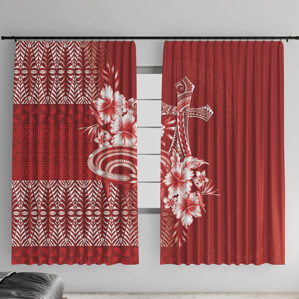 Tonga Ngatu Kupesi Royal Red Window Curtain Koe Otua Mo Tonga Ko Hoku Tofia LT7 With Hooks Red - Polynesian Pride
