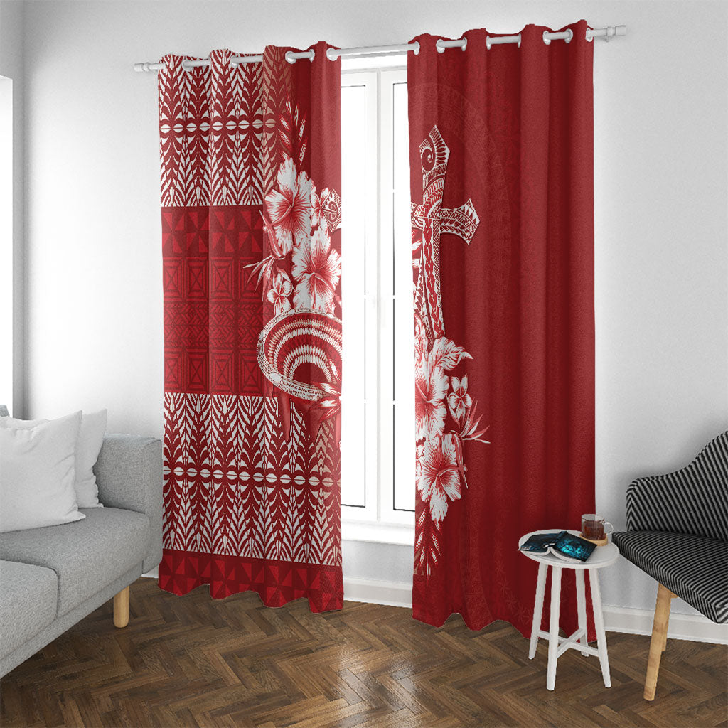 Tonga Ngatu Kupesi Royal Red Window Curtain Koe Otua Mo Tonga Ko Hoku Tofia LT7 With Grommets Red - Polynesian Pride
