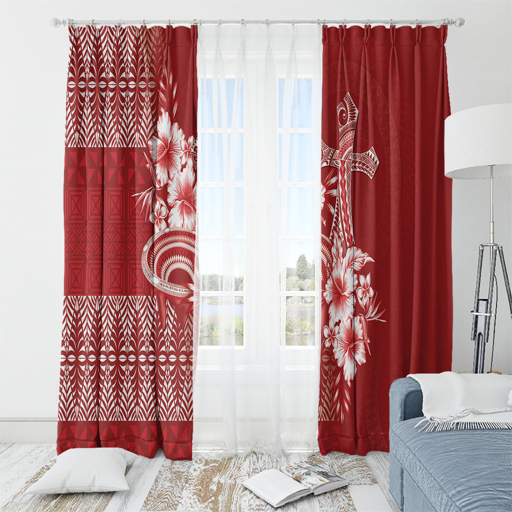 Tonga Ngatu Kupesi Royal Red Window Curtain Koe Otua Mo Tonga Ko Hoku Tofia LT7 - Polynesian Pride