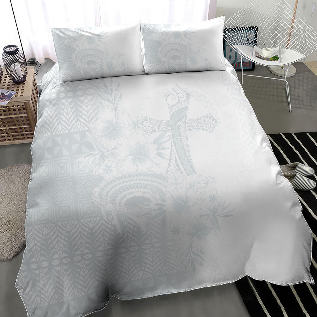 Tonga Ngatu Kupesi White Sunday Fakame Bedding Set Koe Otua Mo Tonga Ko Hoku Tofia LT7 - Polynesian Pride