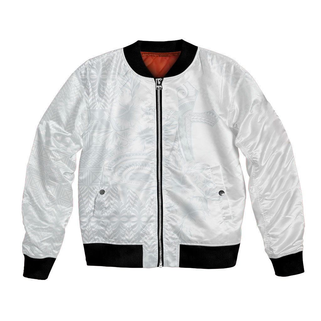 Tonga Ngatu Kupesi White Sunday Fakame Bomber Jacket Koe Otua Mo Tonga Ko Hoku Tofia LT7 Unisex White - Polynesian Pride
