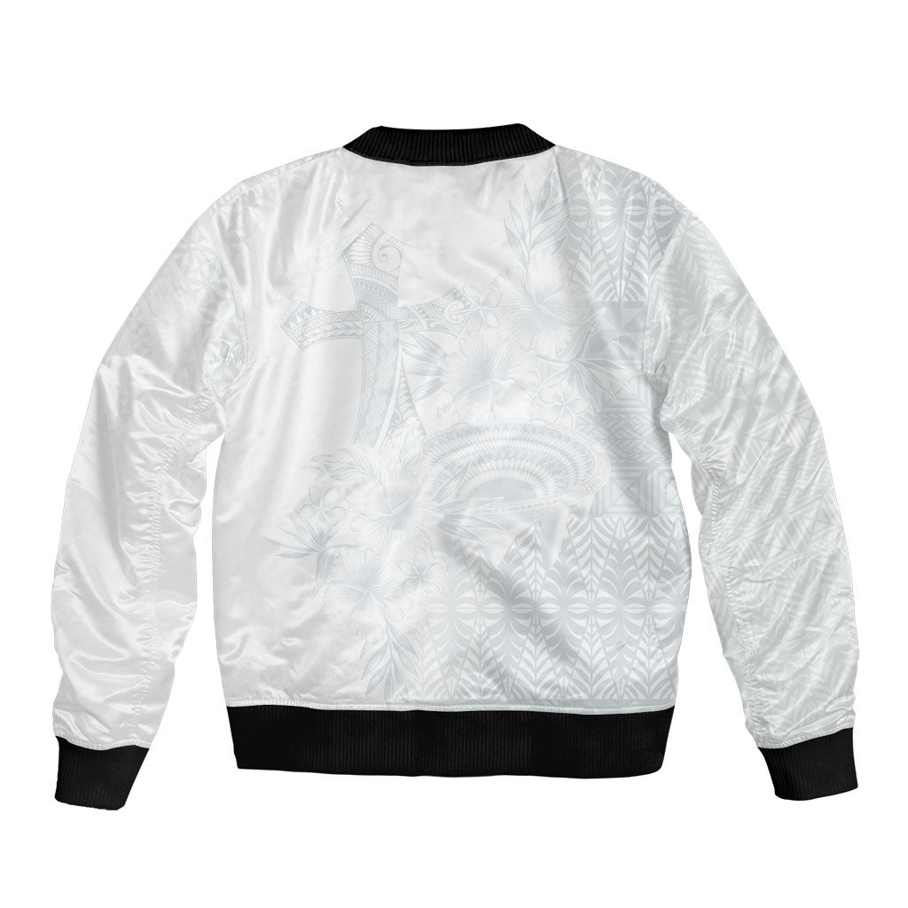 Tonga Ngatu Kupesi White Sunday Fakame Bomber Jacket Koe Otua Mo Tonga Ko Hoku Tofia LT7 - Polynesian Pride