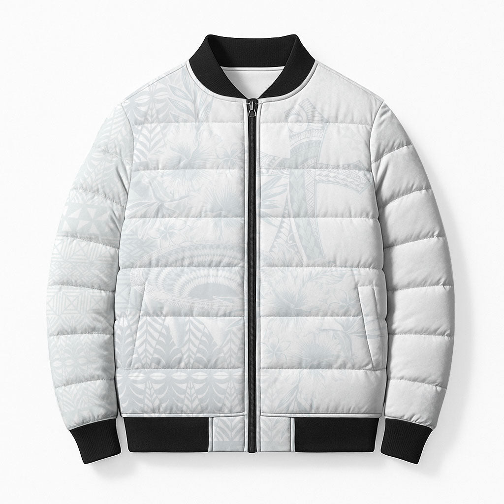 Tonga Ngatu Kupesi White Sunday Fakame Bomber Puffer Jacket Koe Otua Mo Tonga Ko Hoku Tofia LT7 Unisex White - Polynesian Pride