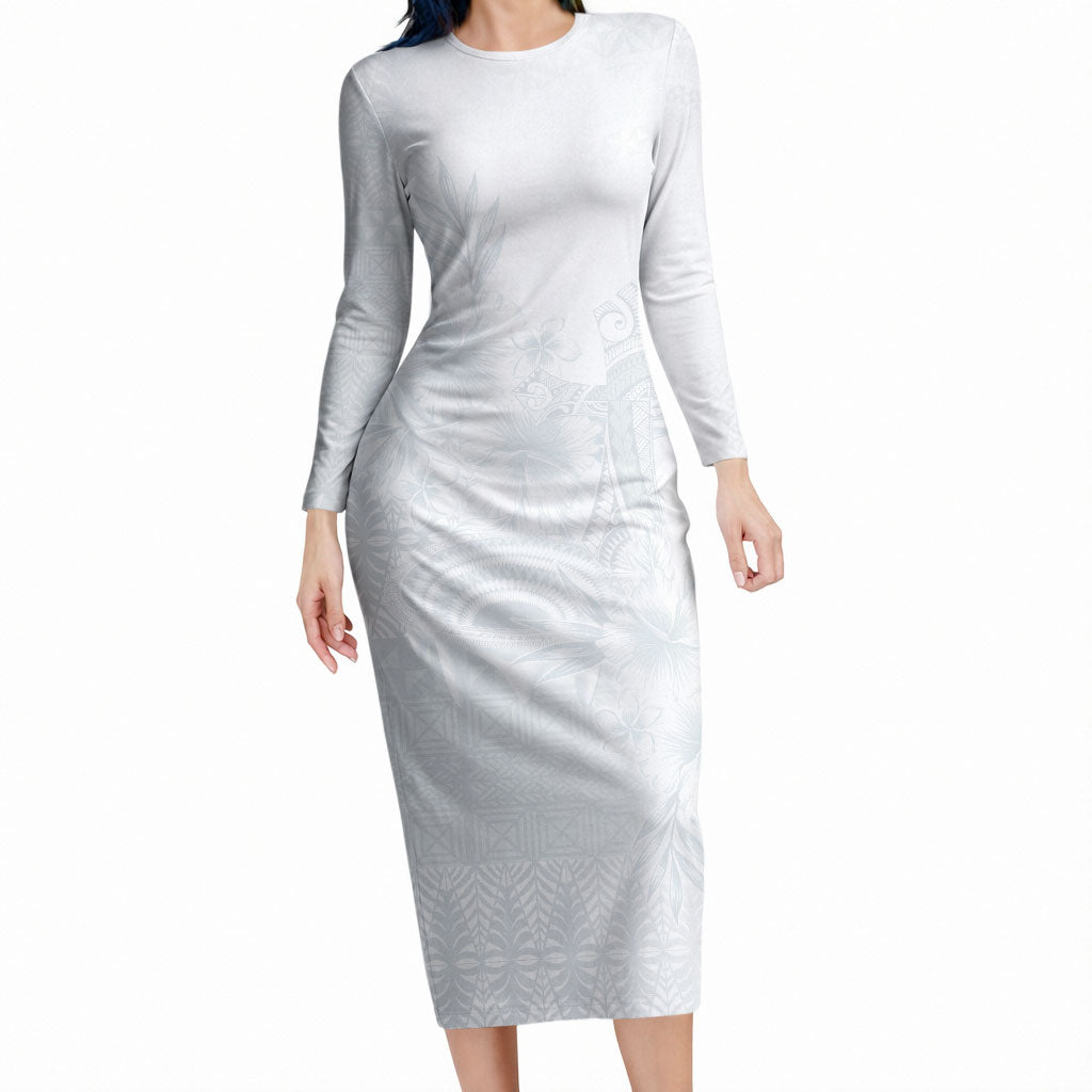 Tonga Ngatu Kupesi White Sunday Fakame Long Sleeve Bodycon Dress Koe Otua Mo Tonga Ko Hoku Tofia