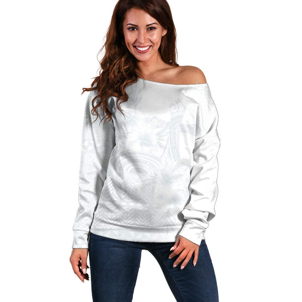 Tonga Ngatu Kupesi White Sunday Fakame Off Shoulder Sweater Koe Otua Mo Tonga Ko Hoku Tofia LT7 Women White - Polynesian Pride