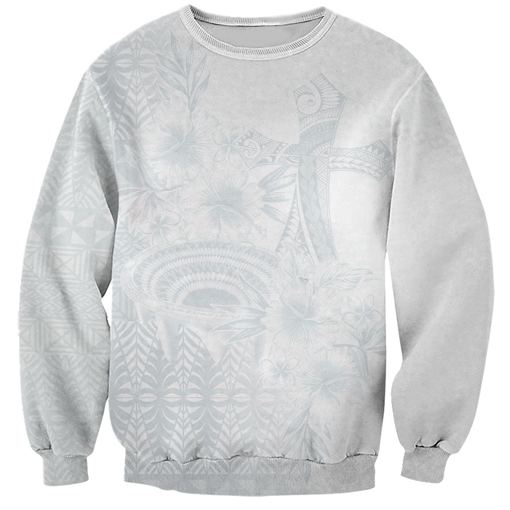 Tonga Ngatu Kupesi White Sunday Fakame Sweatshirt Koe Otua Mo Tonga Ko Hoku Tofia LT7 Unisex White - Polynesian Pride