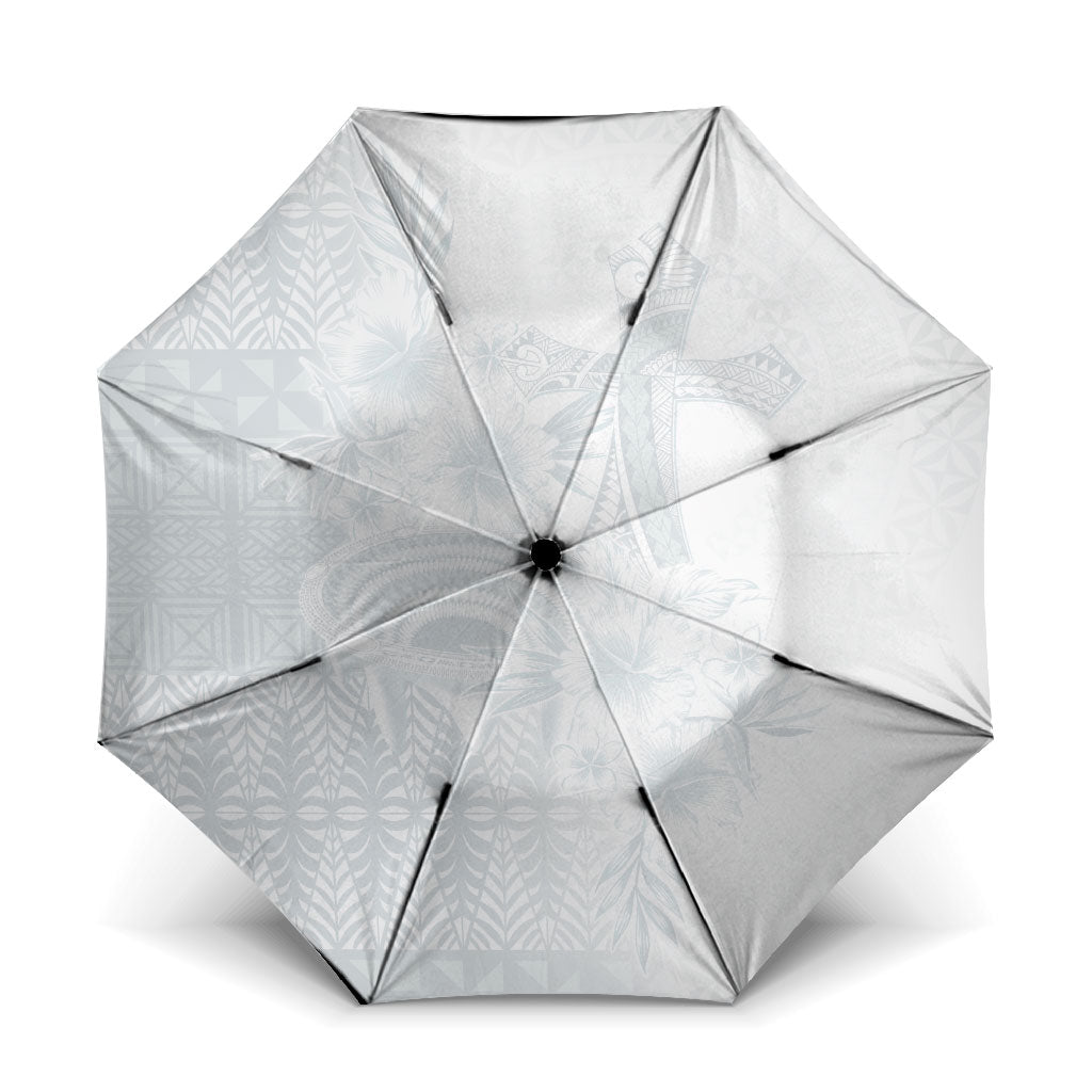 Tonga Ngatu Kupesi White Sunday Fakame Umbrella Koe Otua Mo Tonga Ko Hoku Tofia LT7 One Size Folded 11.42 inch Opened Diameter 37.4 inch White - Polynesian Pride