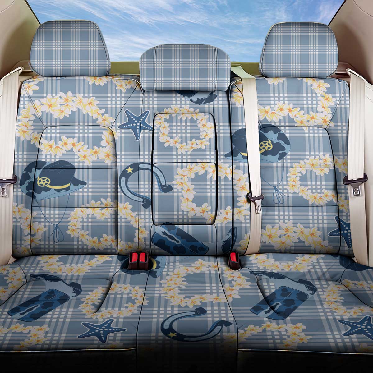 Aloha Hawaii Paniolo Jeans Palaka Back Car Seat Cover Coastal Rodeo LT7 One Size Pastel Blue - Polynesian Pride
