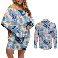 Aloha Hawaii Paniolo Jeans Palaka Couples Matching Off Shoulder Short Dress and Long Sleeve Button Shirt Coastal Rodeo - Polynesian Pride