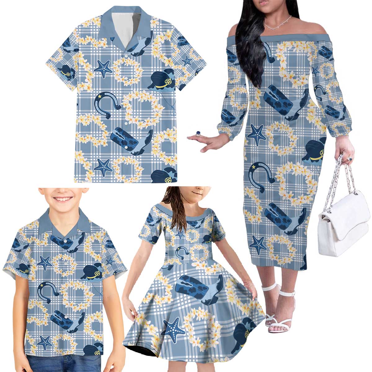 Aloha Hawaii Paniolo Jeans Palaka Family Matching Off The Shoulder Long Sleeve Dress and Hawaiian Shirt Coastal Rodeo - Polynesian Pride