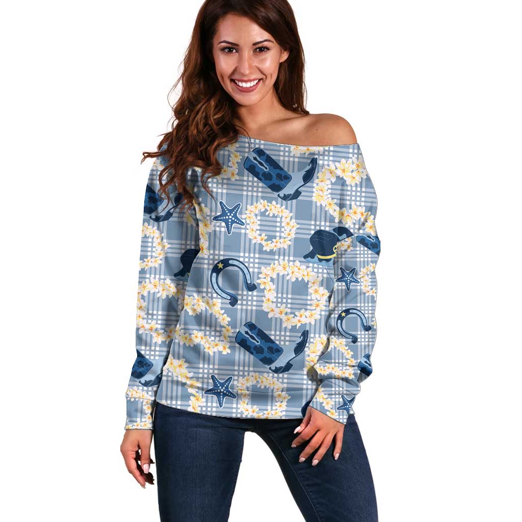 Aloha Hawaii Paniolo Jeans Palaka Off Shoulder Sweater Coastal Rodeo LT7 Women Pastel Blue - Polynesian Pride