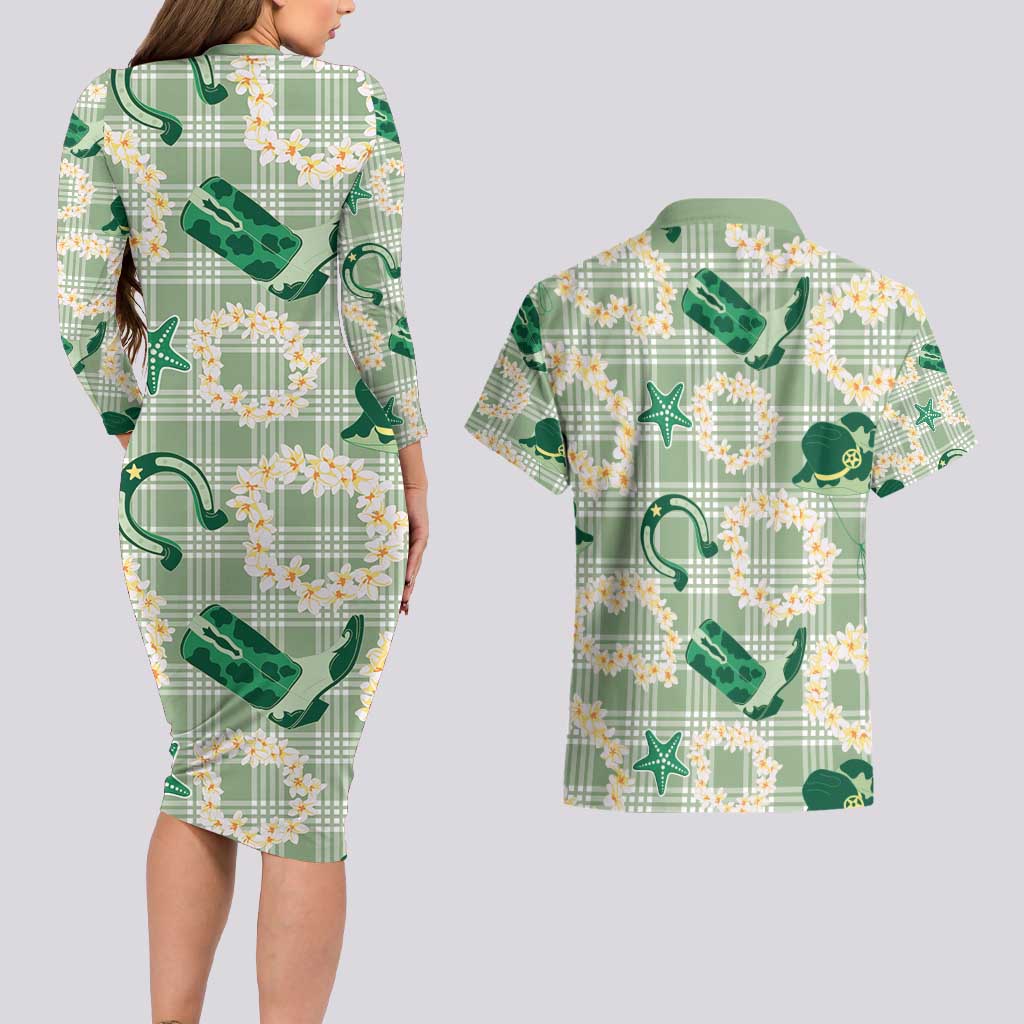 Aloha Hawaii Paniolo Mint Palaka Couples Matching Long Sleeve Bodycon Dress and Hawaiian Shirt Coastal Rodeo - Polynesian Pride