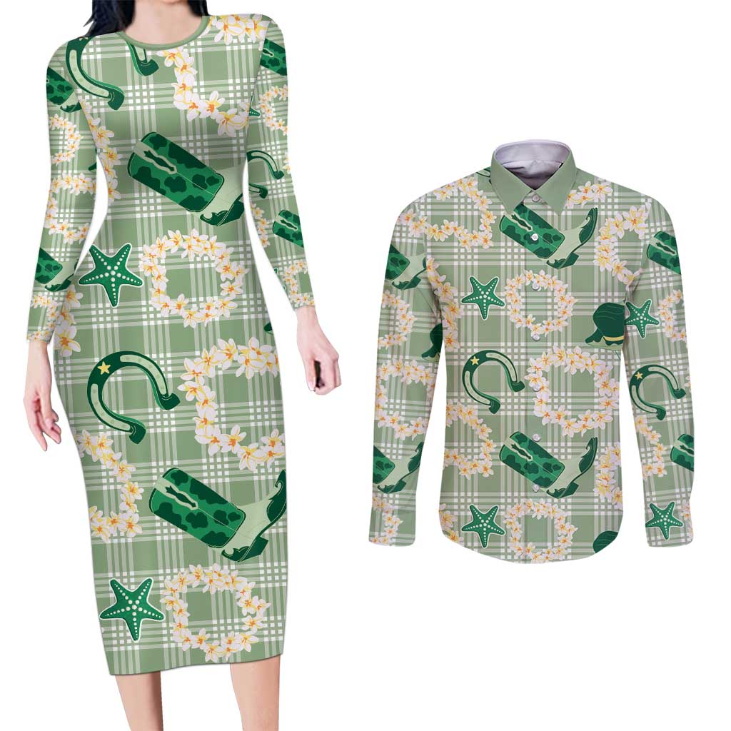 Aloha Hawaii Paniolo Mint Palaka Couples Matching Long Sleeve Bodycon Dress and Long Sleeve Button Shirt Coastal Rodeo - Polynesian Pride