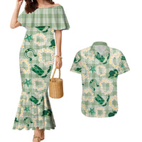 Aloha Hawaii Paniolo Mint Palaka Couples Matching Mermaid Dress and Hawaiian Shirt Coastal Rodeo - Polynesian Pride