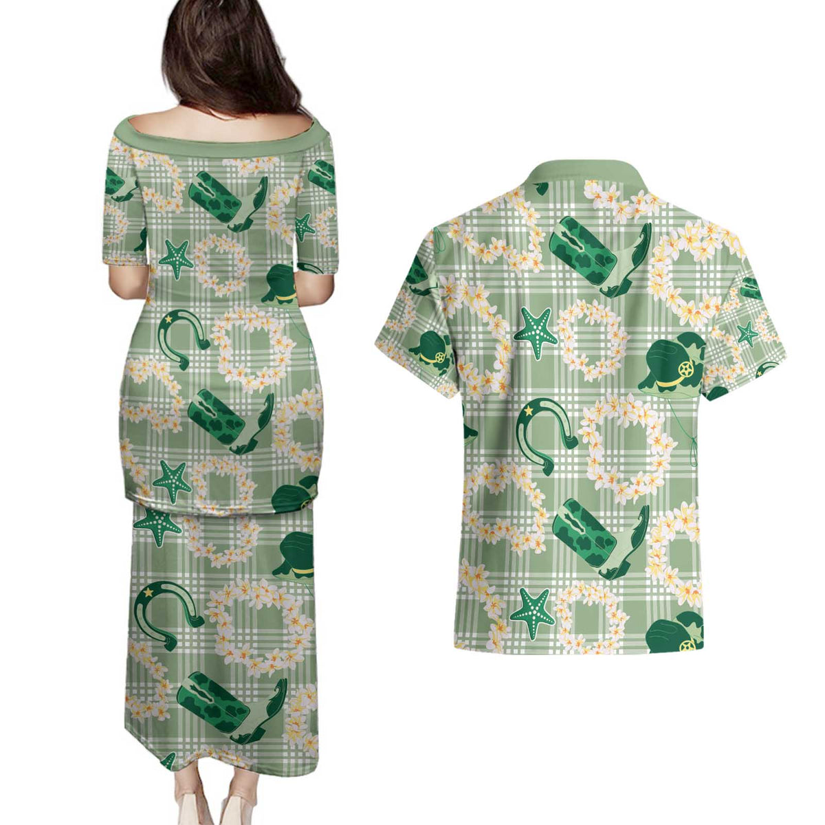 Aloha Hawaii Paniolo Mint Palaka Couples Matching Puletasi and Hawaiian Shirt Coastal Rodeo - Polynesian Pride