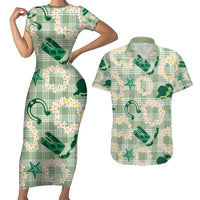 Aloha Hawaii Paniolo Mint Palaka Couples Matching Short Sleeve Bodycon Dress and Hawaiian Shirt Coastal Rodeo - Polynesian Pride
