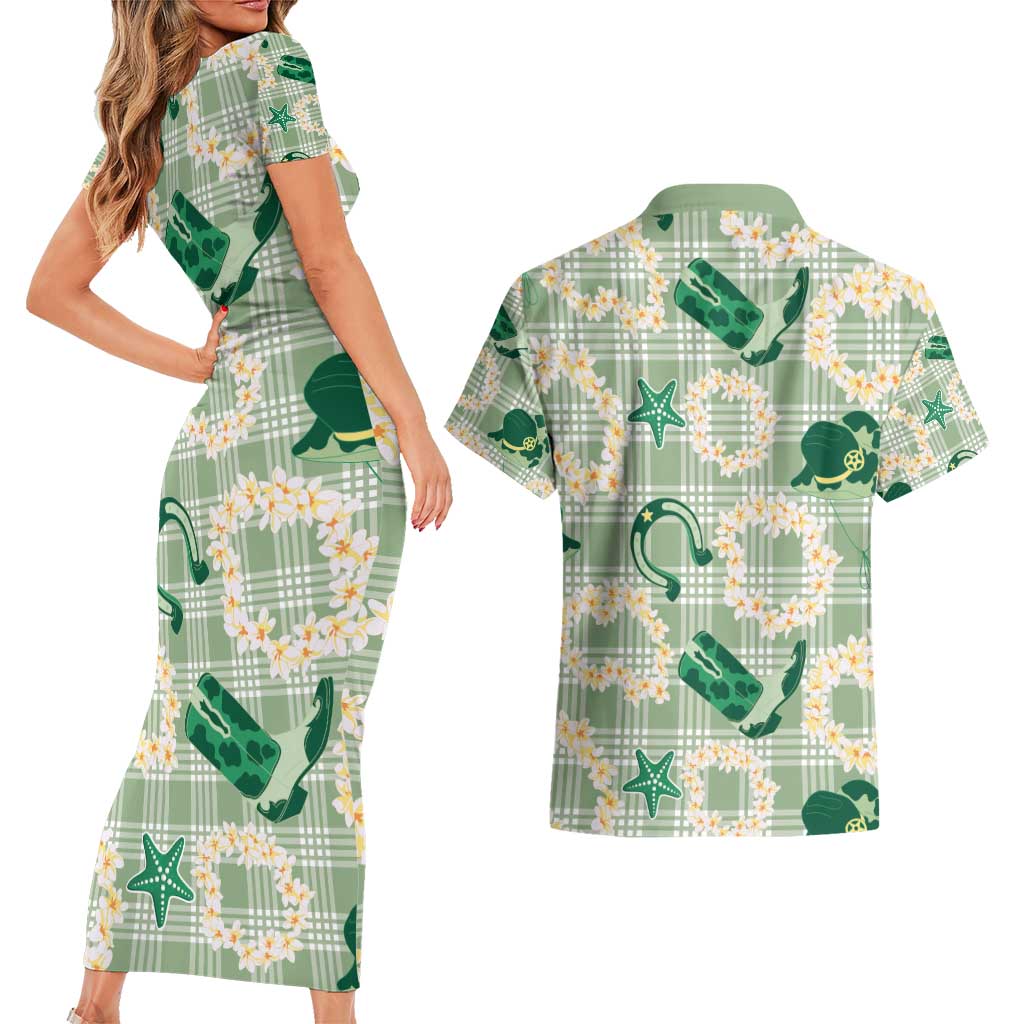 Aloha Hawaii Paniolo Mint Palaka Couples Matching Short Sleeve Bodycon Dress and Hawaiian Shirt Coastal Rodeo - Polynesian Pride