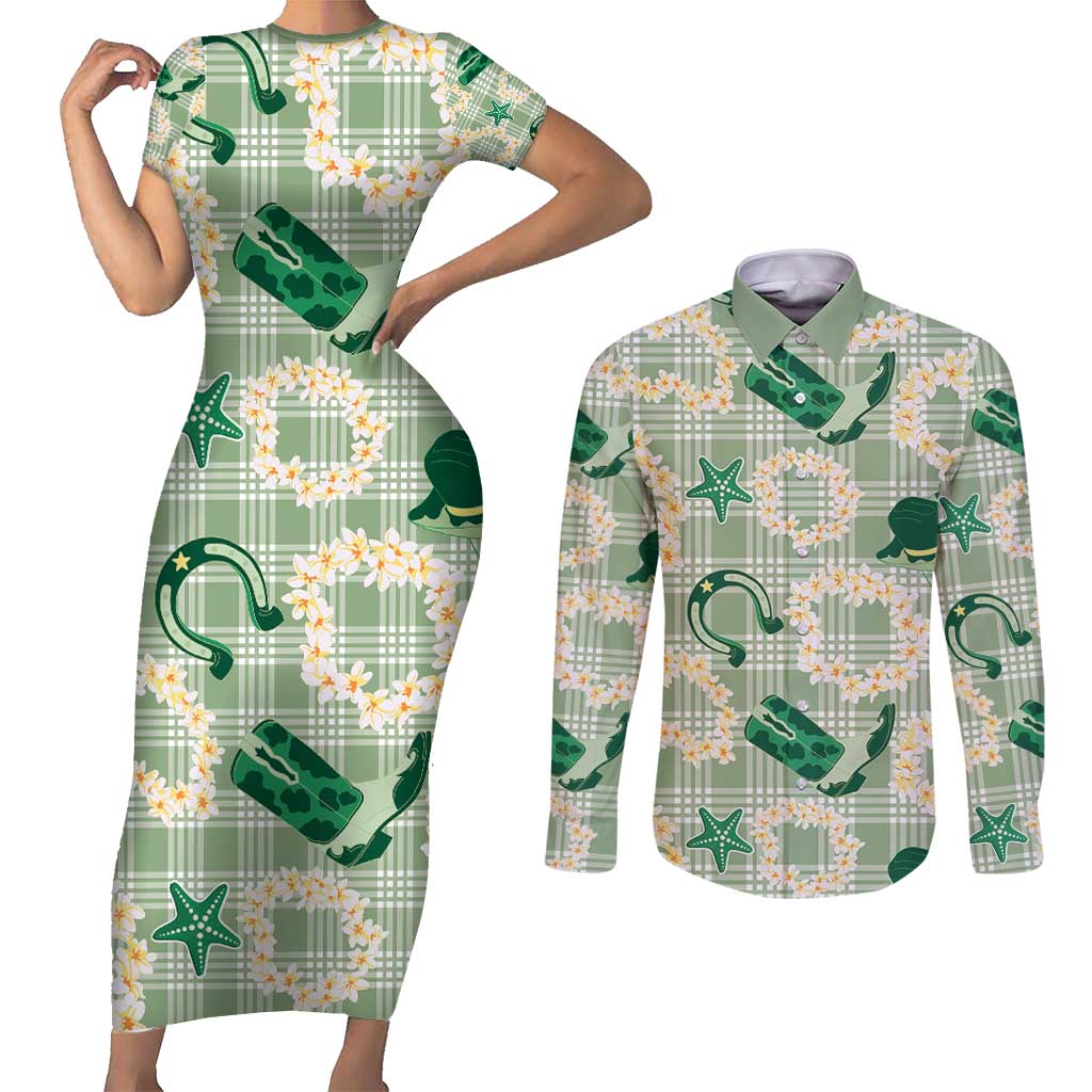 Aloha Hawaii Paniolo Mint Palaka Couples Matching Short Sleeve Bodycon Dress and Long Sleeve Button Shirt Coastal Rodeo - Polynesian Pride