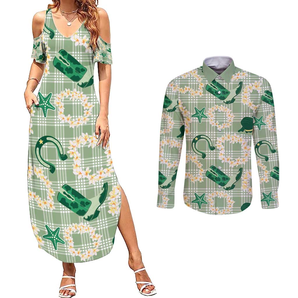 Aloha Hawaii Paniolo Mint Palaka Couples Matching Summer Maxi Dress and Long Sleeve Button Shirt Coastal Rodeo - Polynesian Pride