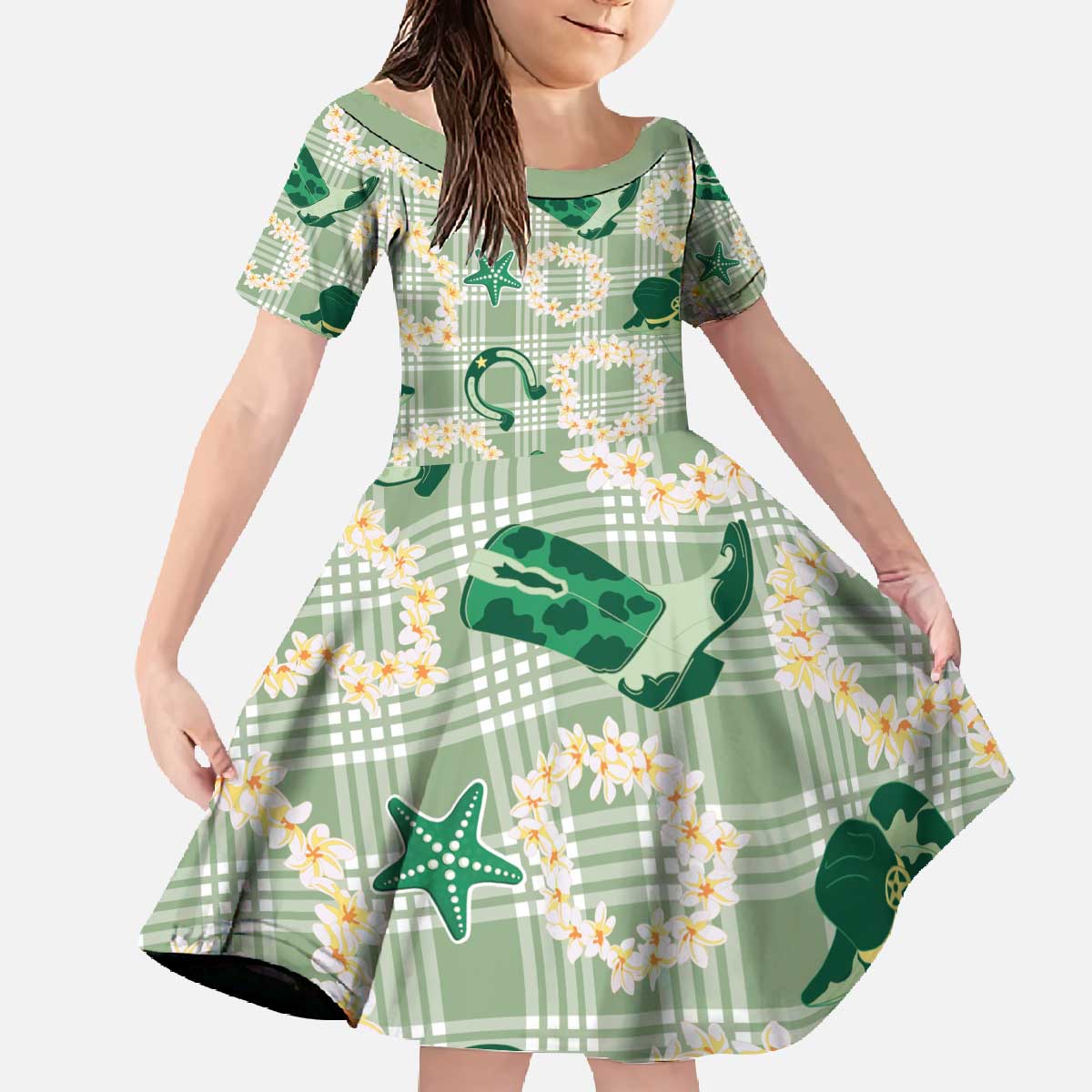 Aloha Hawaii Paniolo Mint Palaka Family Matching Off The Shoulder Long Sleeve Dress and Hawaiian Shirt Coastal Rodeo LT7 Daughter's Dress Mint - Polynesian Pride