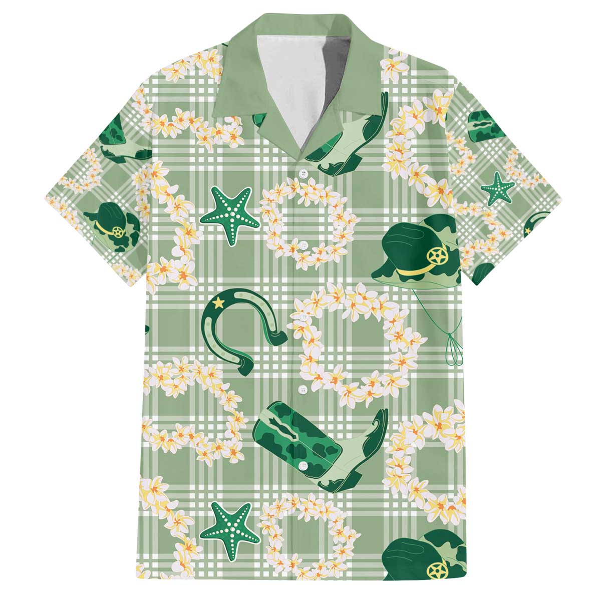 Aloha Hawaii Paniolo Mint Palaka Family Matching Off The Shoulder Long Sleeve Dress and Hawaiian Shirt Coastal Rodeo LT7 Dad's Shirt - Short Sleeve Mint - Polynesian Pride