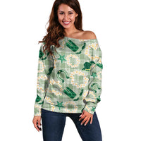 Aloha Hawaii Paniolo Mint Palaka Off Shoulder Sweater Coastal Rodeo LT7 Women Mint - Polynesian Pride
