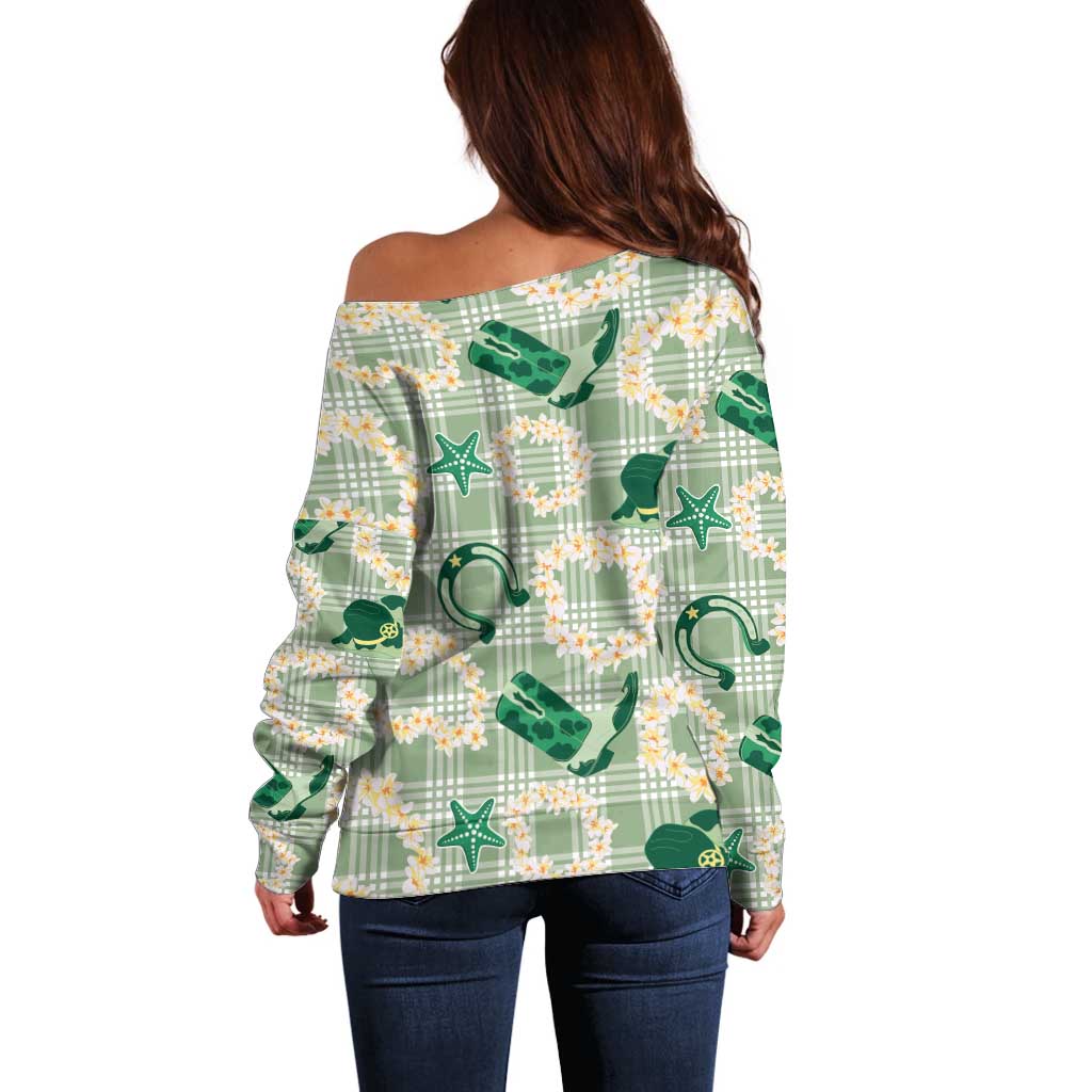 Aloha Hawaii Paniolo Mint Palaka Off Shoulder Sweater Coastal Rodeo LT7 - Polynesian Pride