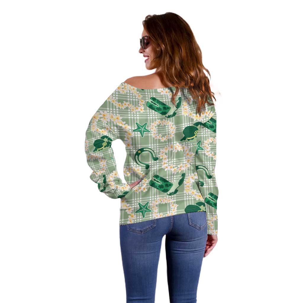 Aloha Hawaii Paniolo Mint Palaka Off Shoulder Sweater Coastal Rodeo LT7 - Polynesian Pride