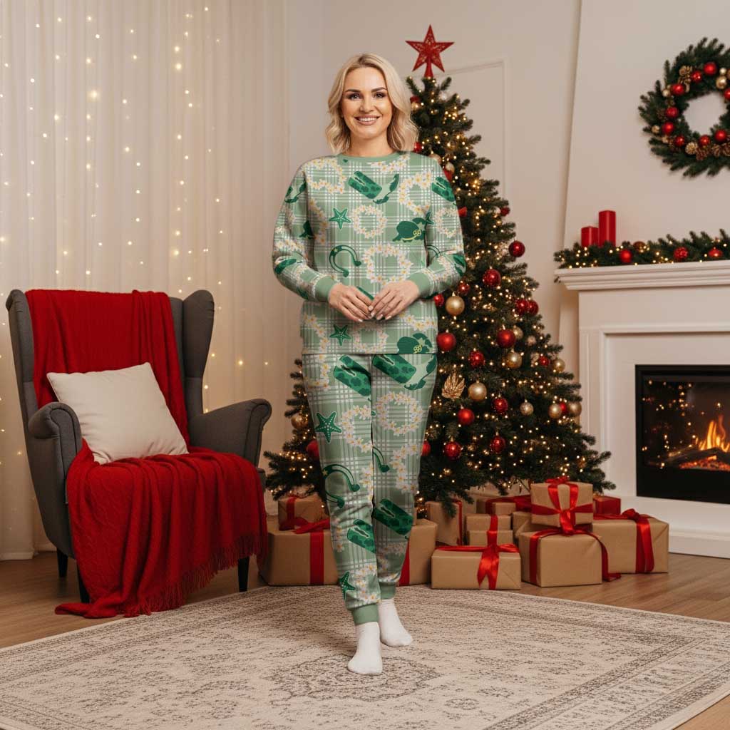 Aloha Hawaii Paniolo Mint Palaka Christmas Pajama Set Coastal Rodeo - Polynesian Pride