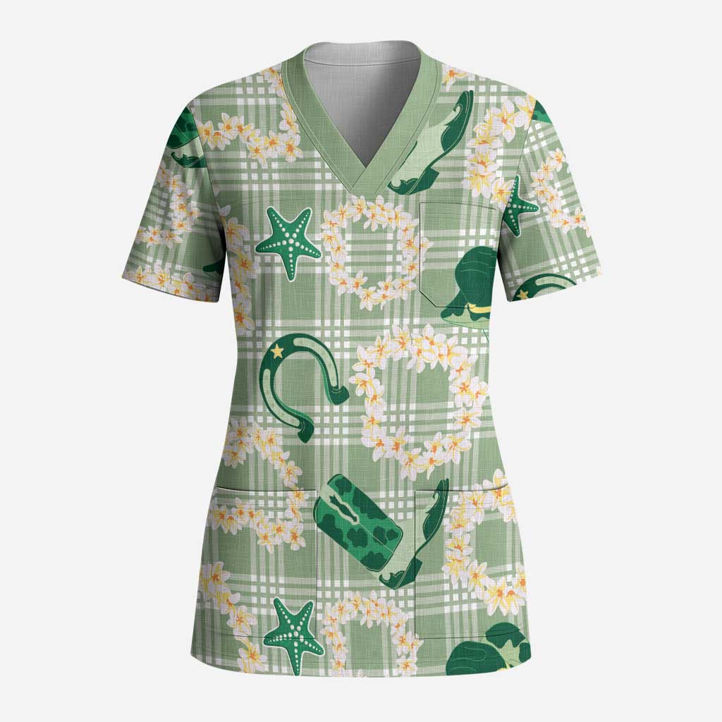 Aloha Hawaii Paniolo Mint Palaka Scrub Top Coastal Rodeo - Polynesian Pride