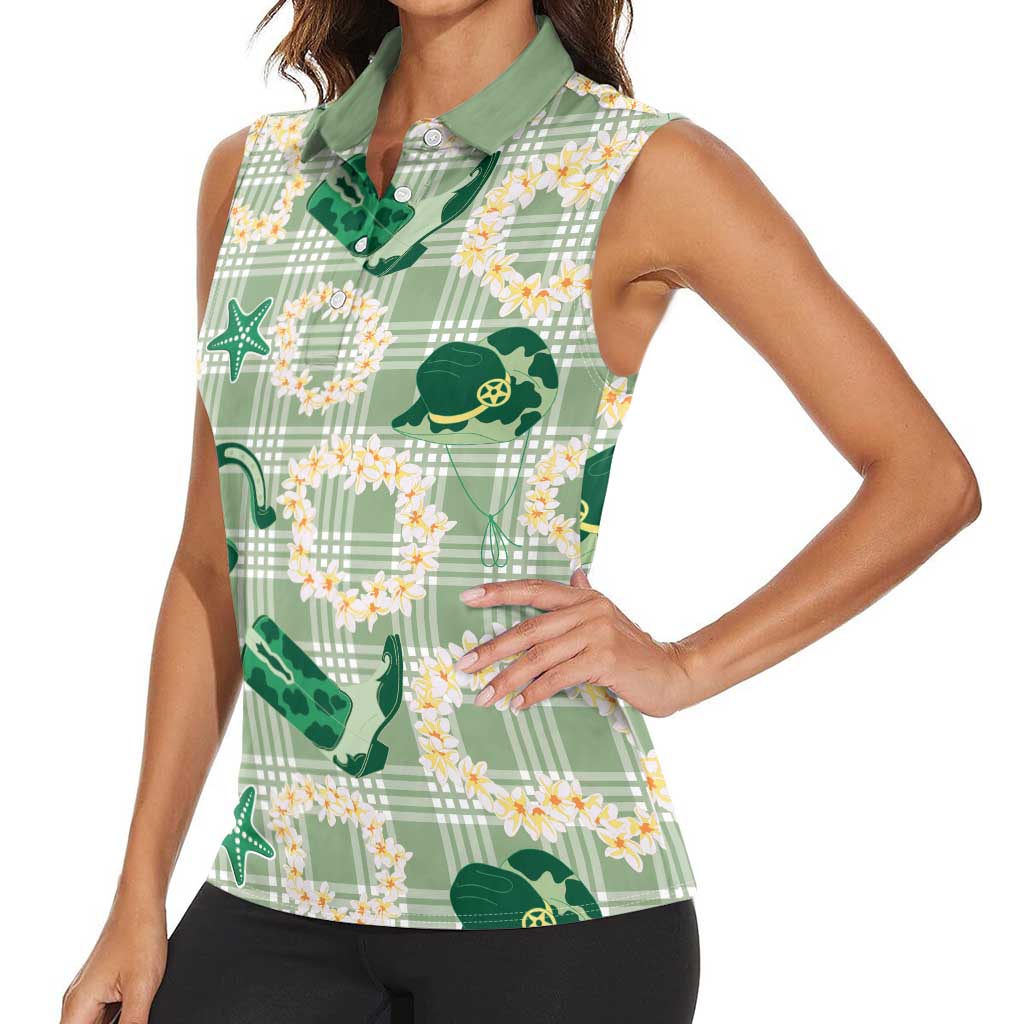 Aloha Hawaii Paniolo Mint Palaka Women Sleeveless Polo Shirt Coastal Rodeo - Polynesian Pride