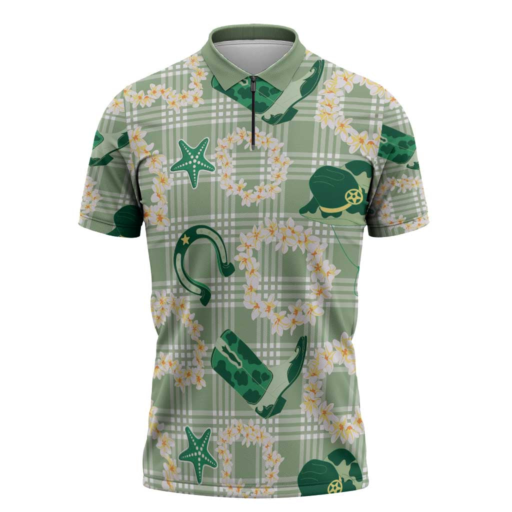 Aloha Hawaii Paniolo Mint Palaka Zipper Polo Shirt Coastal Rodeo - Polynesian Pride