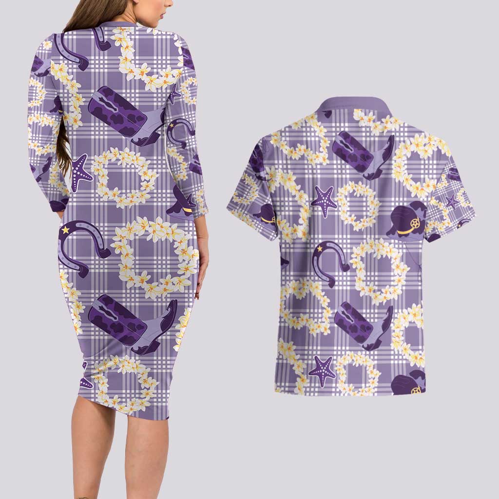 Aloha Hawaii Paniolo Lavender Palaka Couples Matching Long Sleeve Bodycon Dress and Hawaiian Shirt Coastal Rodeo - Polynesian Pride