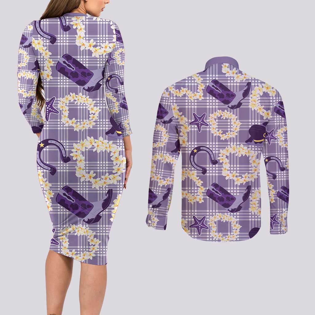Aloha Hawaii Paniolo Lavender Palaka Couples Matching Long Sleeve Bodycon Dress and Long Sleeve Button Shirt Coastal Rodeo - Polynesian Pride